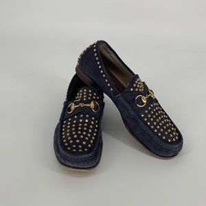 Gucci blue suede gold studded loafers